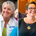 Mayoral candidates Judy Tuohy (left), at a National Night Out event in Everett, and Cassie Franklin (right) celebrating the primary election night in Everett on Aug.1. (Andy Bronson / Herald file)