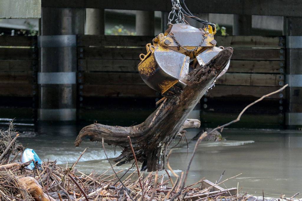 Crews of the state Department of Transportation work to clear a log jam on the Ebey Slough at the trestle bridge Wednesday in Everett. (Kevin Clark / The Herald)
