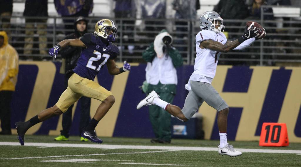 Washington State Cougars wide receiver Davontavean Martin hauls in a pass for a touchdown as the)Washington State Cougars lost to the Washington Huskies 41-14 at Husky Stadium in the 110th Apple Cup on Saturday, Nov. 25, 2017 in Seattle, Wa. (Andy Bronson / The Herald)