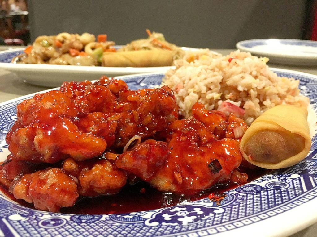 A $7.95 lunch special at Tang Wong in Everett that includes General Taos chicken, a fried egg roll, pork fried rice and a cup of egg flower soup. The common offerings landed well, with the chicken balanced between sweet and spicy. (Ben Watanabe / The Herald)