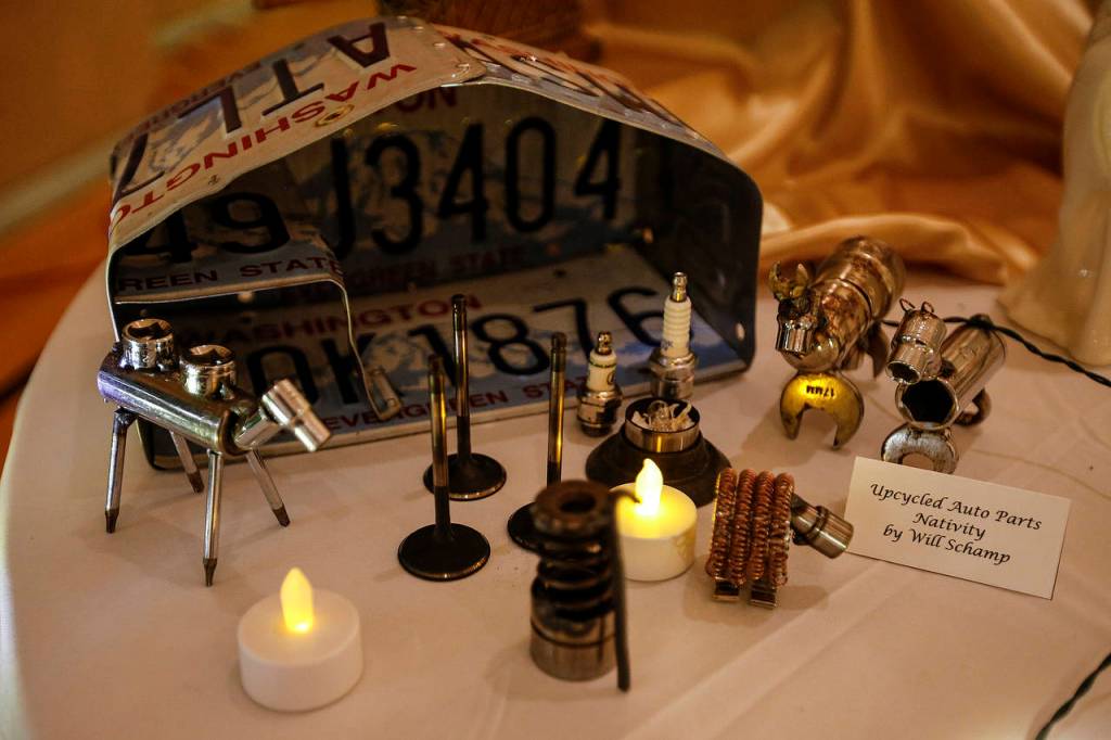 A nativity scene made of recycled auto parts and tools by Will Schamp is seen at the Church of Jesus Christ of Latter-day Saints at Smokey Point on Friday. (Ian Terry / The Herald)