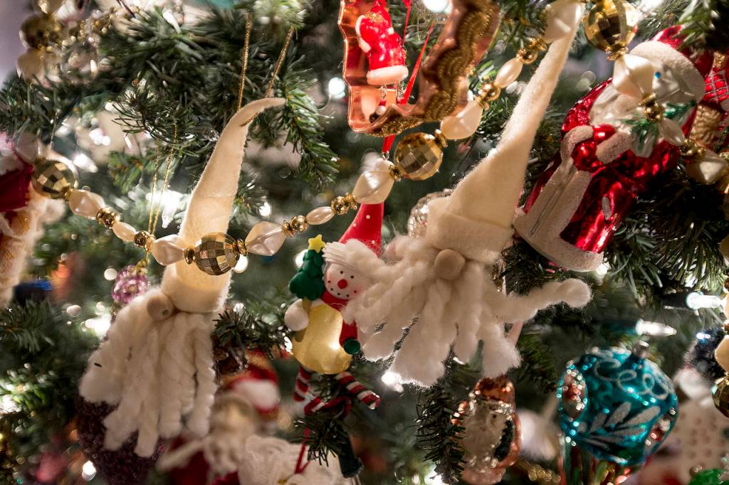 A few of Lisa Pickfords homemade Christmas ornaments are seen at her home in Snohomish. (Ian Terry / The Herald)