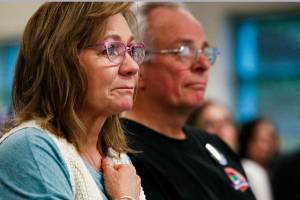 At a gathering Thursday at Providence Regional Medical Center Everett, Vicki Moore was visibly moved by those who spoke of her son Parker Langs thoughtfulness, including having made the decision on his own, just months before he was killed, to become an organ donor. Parker died March 11, 2016, after being struck by a vehicle in Mill Creek. His organs have saved a number of lives. (Dan Bates / The Herald)