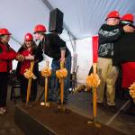 Stan Jones (left) father of Vice Chairwoman Teri Gobin, gets a handshake from Jared Parks while Herman Williams Sr. hugs Bonnie Juneau (right) after the Tulalip Tribes and Quil Ceda Creek Casino held a groundbreaking ceremony for the new Quil Ceda Creek Casino Hotel on Tuesday at the Tulalip Reservation. The casino hotel will be built on 16 acres of ancestral tribal land and will feature a main casino that will showcase as many as 1,500 slot machines. (Andy Bronson / The Herald)