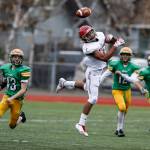 A pass sails out of reach of Archbishop Murphys Kyler Gordon (center) in the fourth quarter of a Class 2A semifinal state football game against Tumwater at Sparks Stadium in Puyallup on Nov. 25. Archbishop Murphy will need to find a new athletic conference next year, as the Cascade Conference schools voted to dissolve, with the smaller schools already agreeing to create a new league without AMHS or Cedarcrest High School. (Ian Terry / The Herald)