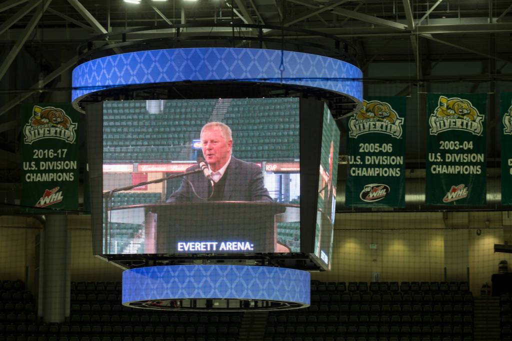 Everett Mayor Ray Stephanson is seen on the scoreboard monitor during a press conference at the new Angel of the Winds Arena, formerly Xfinity, on Dec. 13, 2017 in Everett. (Andy Bronson / Herald file)