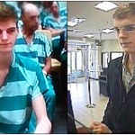 Caleb Dierlam (two left photos) appeared in Everett District Court in 2016 after being arrested on suspicion of being the Harry Potter Bandit, a serial robber who hit banks throughout the region (Rikki King / The Herald); He had been captured on surveillance video at some of the banks (two right photos).