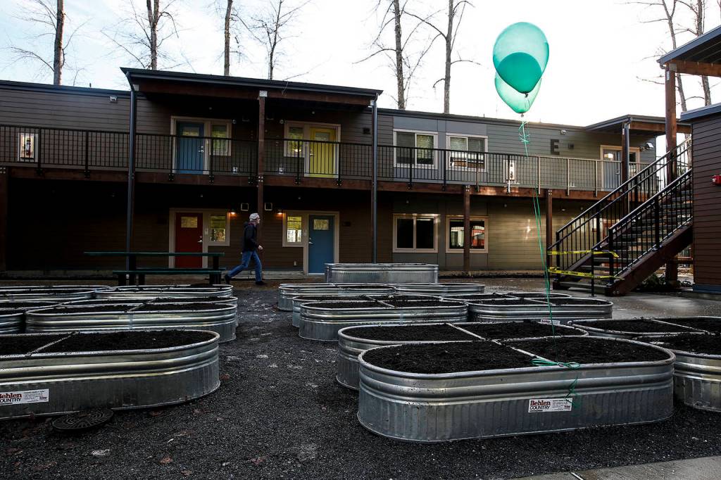 A community garden is seen at Housing Hopes new Twin Lakes Landing housing project during a public event on Friday, Dec. 8. (Ian Terry / The Herald)