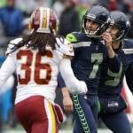 Seahawks kicker Blair Walsh (7) reacts after missing his second field goal in the first half of a game against the Redskins on Nov. 5, 2017, in Seattle. (AP Photo/Elaine Thompson)