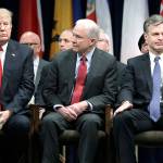 President Donald Trump, Attorney General Jeff Sessions (center) and FBI Director Christopher Wray (right) at the FBI National Academy graduation ceremony on Friday in Quantico, Virginia. (AP Photo/Evan Vucci)