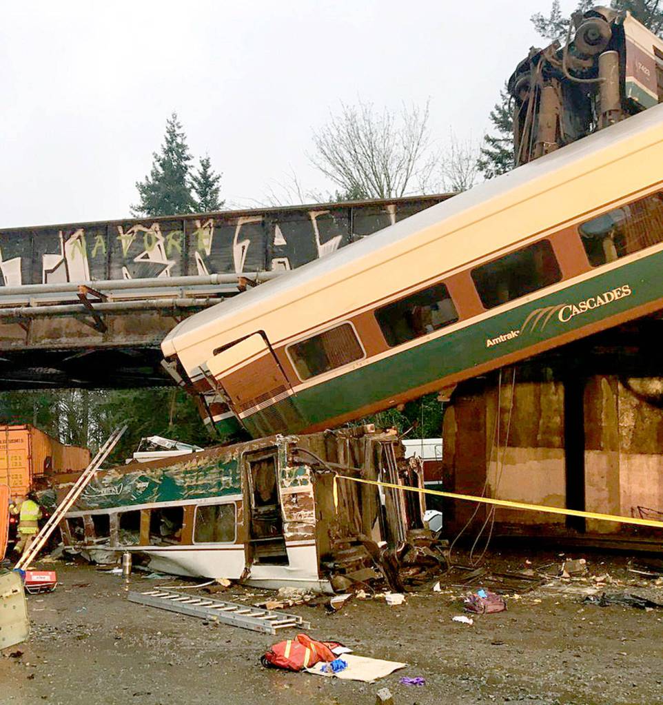 The Amtrak train that derailed near DuPont on Monday. (Washington State Patrol via AP)