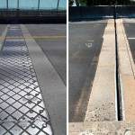Expansion joints can be constructed in different ways under state design standards for bridges. Shown is a plate cover joint (left) on the Highway 99 George Washington Memorial Bridge over Lake Union in Seattle and a concrete header joint (right) on southbound I-5 at the Duwamish River in Tukwila. These are similar to two types of expansion joints now used on the U.S. 2 bridge over the Pilchuck River in Snohomish County. (WSDOT photos)