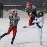 Stanwood Junior Bantams Ryder Bumgarner hauls in a pass as Jordin Lee looks on during a game on the first day of competition at the Pro Football Hall of Fame National Youth Championships on Dec. 16 in Canton, Ohio. (Stanwood Junior Bantams photo)