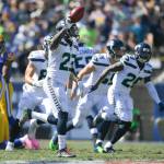 The Seahawks Neiko Thorpe celebrates after a turnover during a game against the Rams on Oct. 8, 2017, in Los Angeles. (AP Photo/Mark J. Terrill)