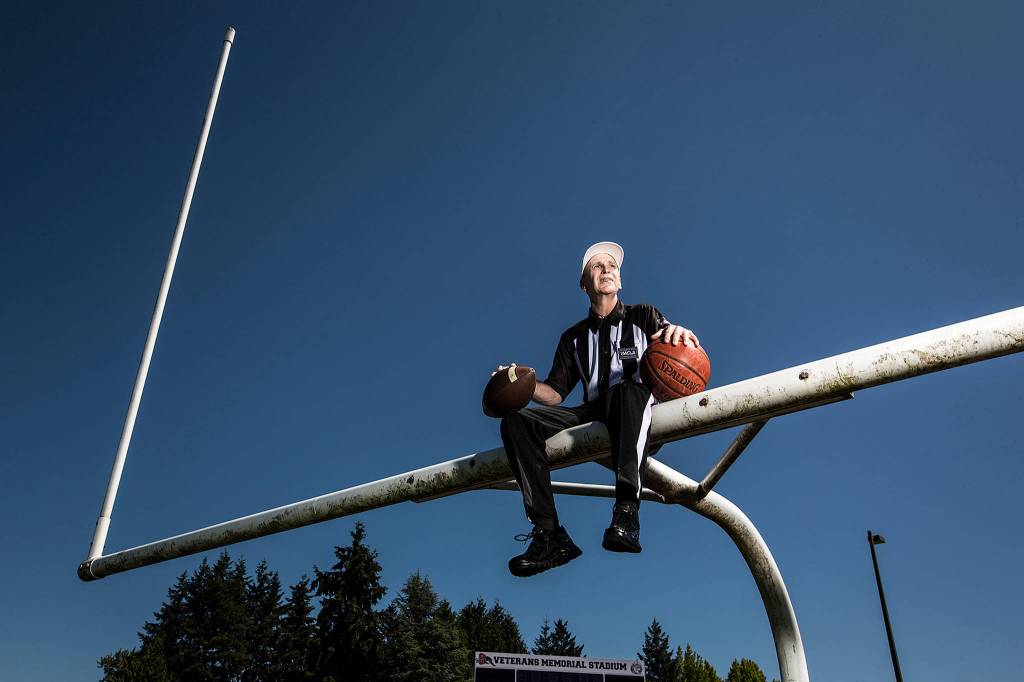 With more than 40 years of officiating under his belt for Snohomish County prep football and basketball, Tom Freal, of Lake Stevens, was inducted into the Washington Officials Hall of Fame at an Aug. 4 ceremony in Yakima. (Ian Terry / The Herald)