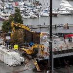 A worksite is seen on the Everett waterfront where a pedestrian bridge will eventually provide quicker access. (Ian Terry / The Herald)