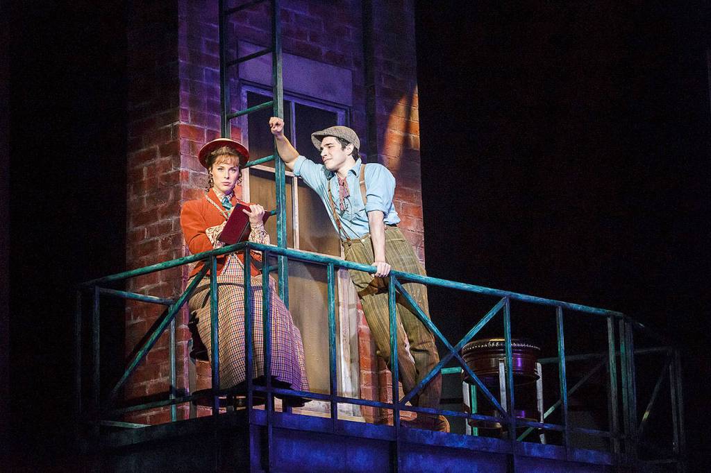 Taylor Niemeyer (Katherine) and Joey Barreiro (Jack Kelly) star in Village Theatres Newsies. (Mark Kitaoka)