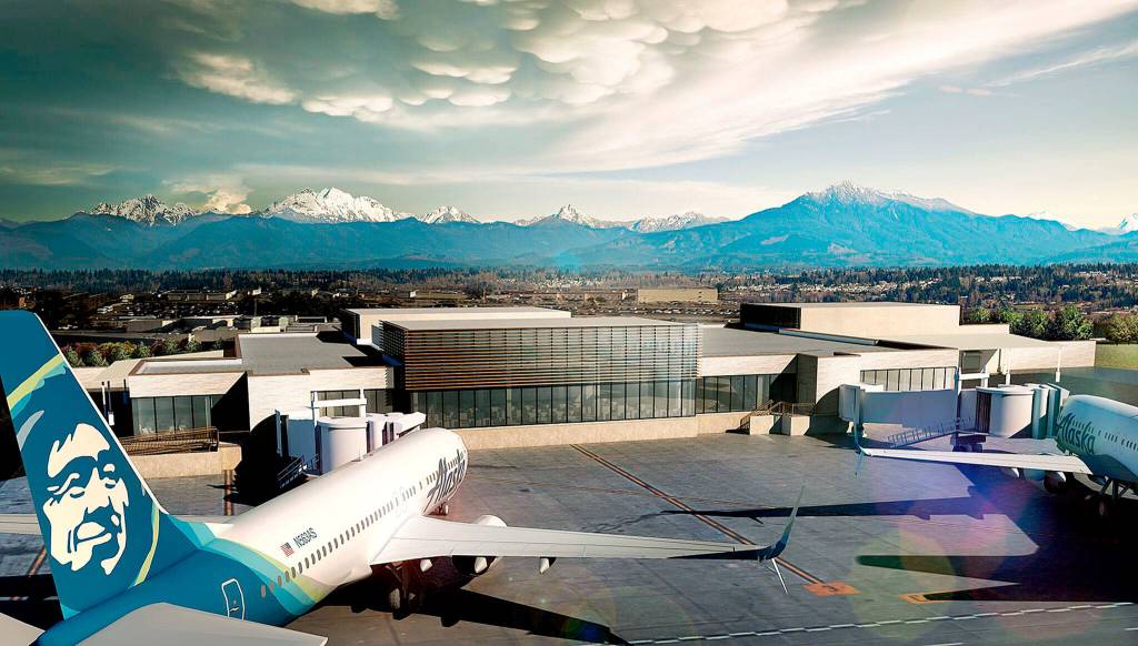An artists rendering of the new passenger terminal at Paine Field in Everett. (Propeller Airports)