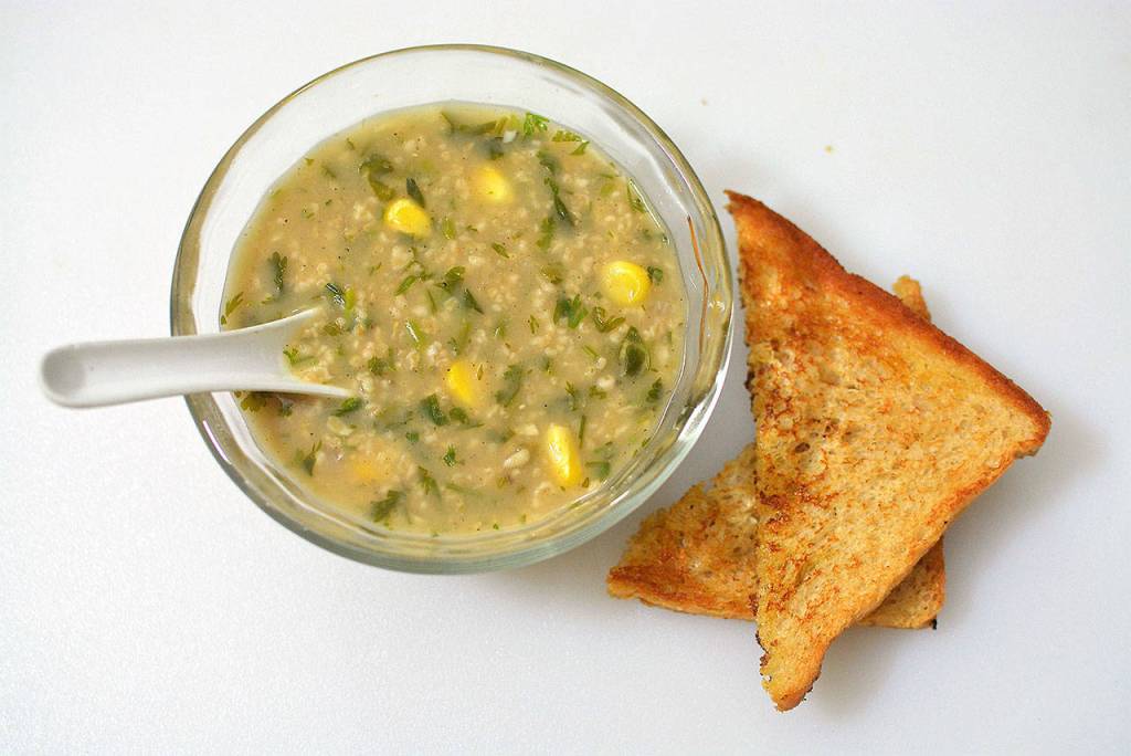 Oats corn cilantro soup. This soup is perfect for dinner  or even for breakfast  because its both warm and comforting. (Reshma Seetharam)
