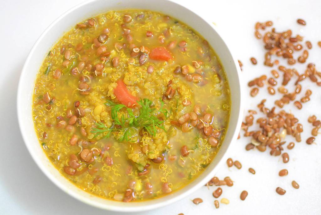 Vegetable quinoa sprout soup is hearty and refreshing for a cold January day.