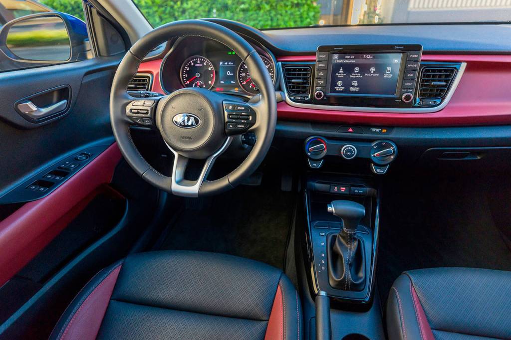 A quieter, roomier and more comfortable cabin is a highlight of the 2018 Kia Rio. Shown here is an EX limited Launch Edition interior with red accent seats and trim. (Manufacturer photo)