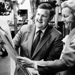 Katharine Graham, then CEO and chairwoman of the board of The Washington Post Co., looks over a copy of The Daily Herald with Larry Hanson, then The Heralds publisher, during her visit to Everett on Sept. 20, 1984. The Washington Post Co. owned The Herald from 1978 until 2013. (Herald archives)