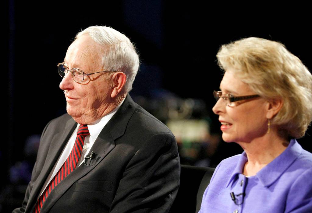 Former governors John Spellman (left) and Chris Gregoire sit down for a taping of The Governors: A KCTS 9 Special on March 5, 2013. (Jennifer Buchanan / Herald file)