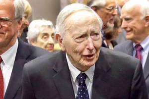 FILE - This Tuesday, May 30, 2017 file photo, former Washington Gov. John Spellman, second from left, leaves a memorial service in Renton, Wash. Spellman, the last Republican governor elected in Washington, has died at age 91. Spellman’s son, Seattle attorney David Spellman, confirmed his death Tuesday, Jan. 16, 2018. (AP Photo/Ted S. Warren,File)