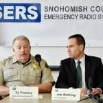 Snohomish County Sheriff Ty Trenary makes the case to upgrade an aging radio system for police and firefighters at a press conference Thursday. Jon Nehring, mayor of Marysville and board president of the Snohomish County Emergency Radio System, announced a $70 million plan for digital radios and radio towers in Snohoimsh County. (Caleb Hutton / The Herald)