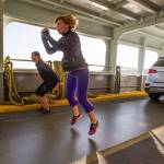 Noelle Onstad (foreground) and Jennifer Madsen work out on a ferry as they commute home on the Mukilteo-Clinton run. Onstad, who lives in Greenbank, and Madsen, from Langley, have been working out together for the past year. Onstads motivation and reason for exercising on the ferry: Im the mother of two boys and this is the only time I have in my day to exercise. (Andy Bronson / The Herald)