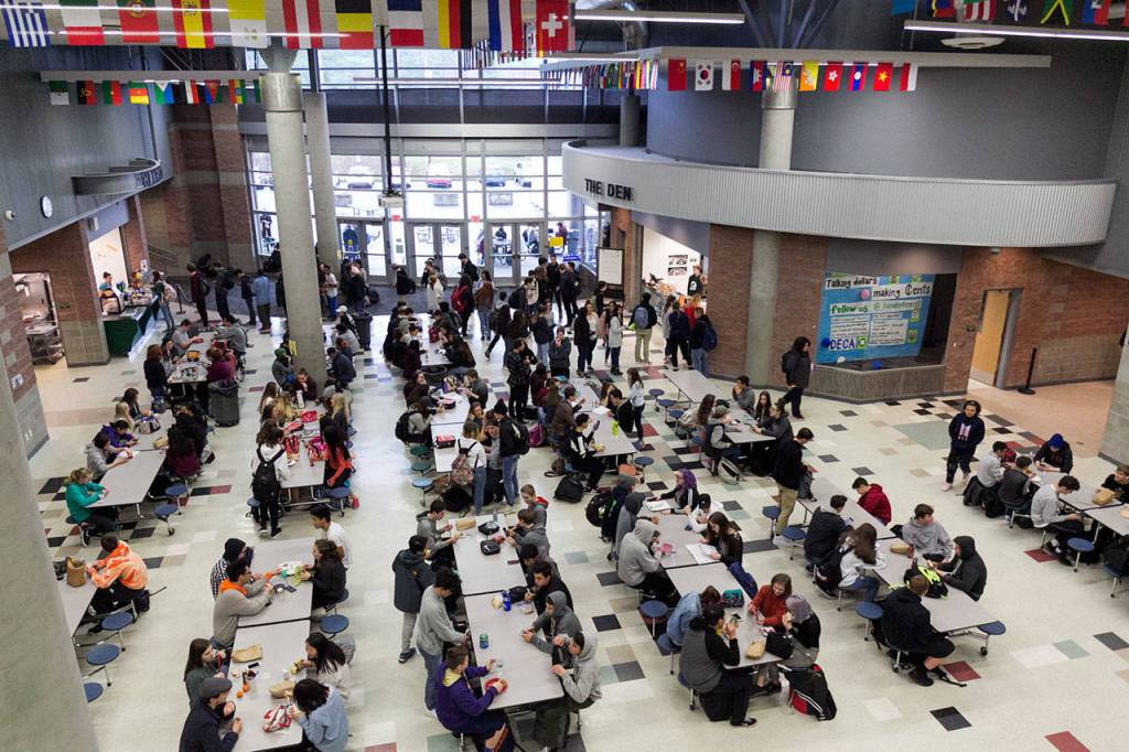 The converted and now covered former outdoor courtyard serves as additional seating for lunch Monday morning at Henry M. Jackson High School in Mill Creek on Jan. 22. (Kevin Clark / The Daily Herald)