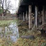 Riley Slough floods in wintertime, as shown in this photo from December 2015. Over time, those soggy conditions have undermined the timber supports of the bridge on Tualco Road. Snohomish County plans to replace the bridge. The work will likely require moving a driveway to a rental house, shown in the background. (Contributed photo)