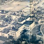 Edmonds High School and its nearby stadium and playfieds, from a 1955 photo in The Echo, the high school yearbook. The former high school is now the Edmonds Center for the Arts.