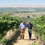 Chateau Ste. Michelle winemaker Bob Bertheau, right, and German winemaker Ernst Loosen walk through a vineyard above the Yakima Valley this summer. The two work together to craft Eroica, a Riesling made from Washington grapes. (Photo by Andy Perdue/Great Northwest Wine)