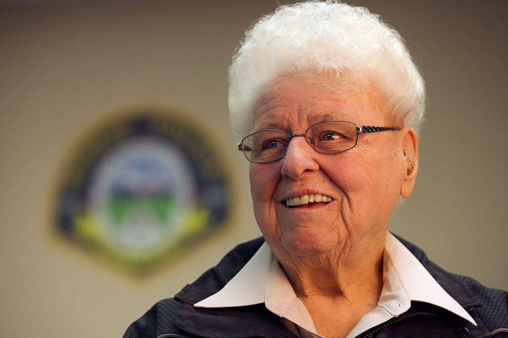 Sister Barbara Geib retired in 2016 as an advocate for victims of domestic violence with the city of Monroe. A volunteer chaplain with Monroes police and fire departments and a parish sister at St. Mary of the Valley Catholic Church, Geib died Feb. 4 at age 85. (Kevin Clark / The Herald)