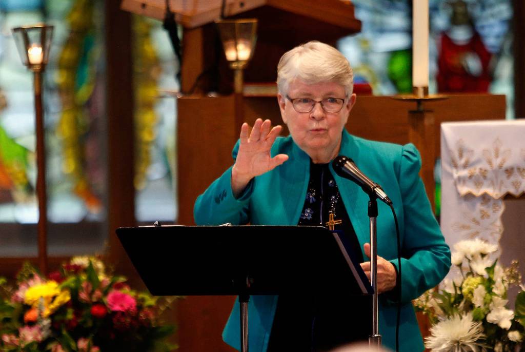Sister Elisabeth Tiernan delivers the eulogy for Sister Barbara Geib Thursday at St. Mary of the Valley Catholic Church in Monroe. (Dan Bates / The Herald)