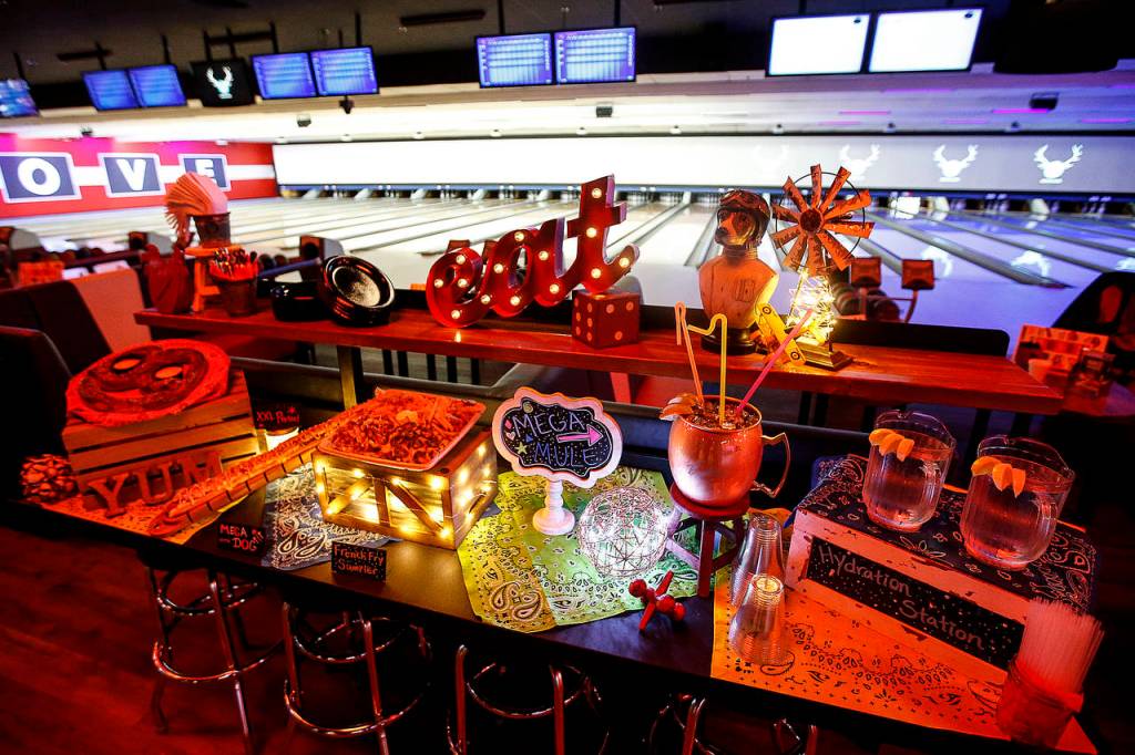Food and drink samples at Bowlero in Lynnwood. (Ian Terry / The Herald)