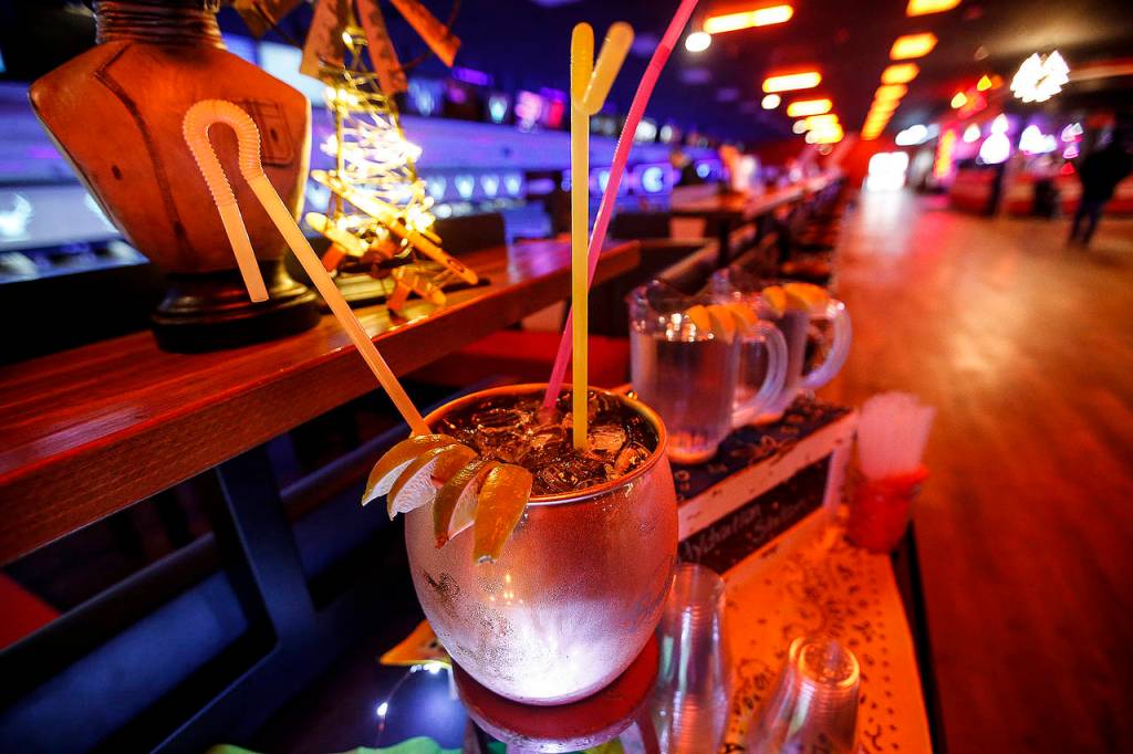 The Mega Mule drink is seen at the newly opened Bowlero in Lynnwood on Feb. 2. (Ian Terry / The Herald)