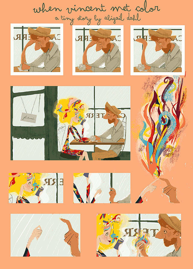 When Vincent Met Color by Abigail Dahl won a Gold Key award in the regional Scholastic Art Awards. In a blog post about the comic, Dahl writes: As much as this is a slightly silly boy-meets-girl scenario, its also a slight nod to the fact that Van Gogh didnt find his love for color until he was 30 years old.