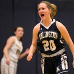 Arlingtons Sierra Scheppele celebrates her game-winning layup Friday at Shorecrest High School. (Kevin Clark / The Daily Herald)
