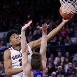 Gonzaga forward Rui Hachimura shoots over BYUs Dalton Nixon during the first half of their game Saturday in Spokane. Hachimura led Gonzaga with 15 points. (AP Photo/Young Kwak)