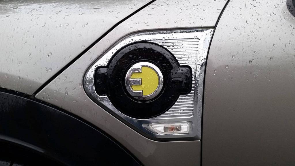 A large bright charging port announces the plug-in capability of the 2018 Mini Cooper S E Countryman All4. (Mary Lowry / For The Herald)