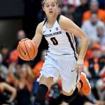 Oregon States Mikayla Pivec, a former Lynnwood High School star, brings the ball upcourt during the Beavers 72-67 loss to Notre Dame on Nov. 19, 2017 in Corvallis, Ore. (Scobel Wiggins / Oregon State athletics)
