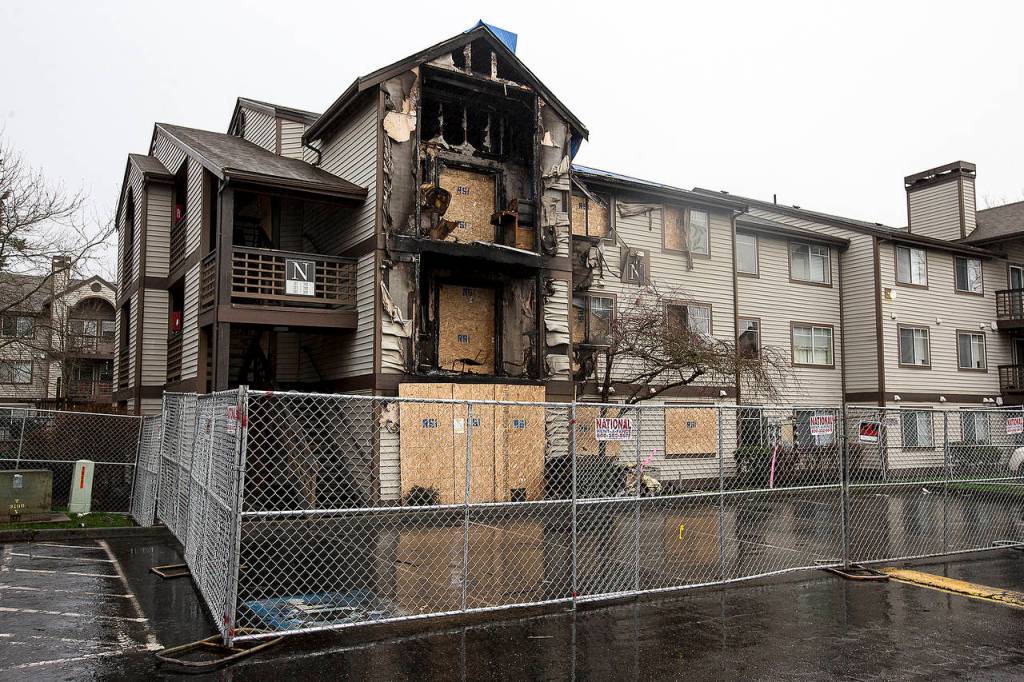 The remnants of an apartment that burned on Jan. 29 at Olin Fields Apartments in Everett are seen after a week. (Ian Terry / The Herald)