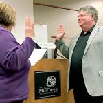 City of Mill Creek                                John Steckler takes the oath of office Tuesday after being appointed to the Mill Creek City Council.