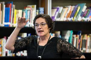 Susan Wise Bauer speaks about her new book Rethinking School: How to Take Charge of Your Childs Education to parents, staff and kids during a talk at Edmonds Heights K-12. (Andy Bronson / The Herald)