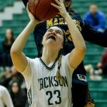 Jacksons Olivia Skibiel (23) takes a shot during a playoff game against Mariner on Feb. 8, 2018, at Jackson High School in Mill Creek. (Ian Terry / The Herald)