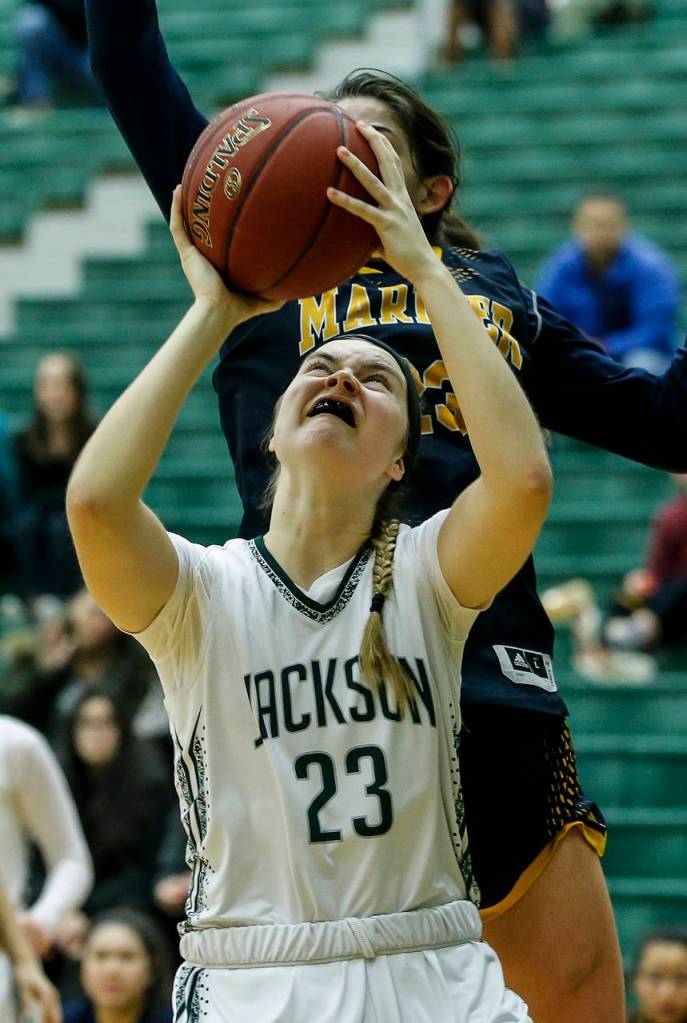 Jacksons Olivia Skibiel (23) takes a shot during a playoff game against Mariner on Feb. 8, 2018, at Jackson High School in Mill Creek. (Ian Terry / The Herald)