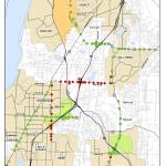 Snohomish Countys adaptive signal control project will take place in two phases. The first signals to get upgraded, in 2018, are shown as green circles. Signals getting upgrades during a second phase are shown as red circles. Existing adaptive control signals in Lynnwood are shown as green triangles. The completed system will link the manufacturing and industrial center at Boeing/Paine Field (shown in gold) with the Canyon Park and Lynnwood regional centers (shown in green).