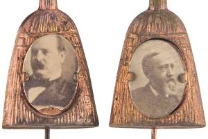 Whisk brooms popular campaigning symbols on buttons in 1880s